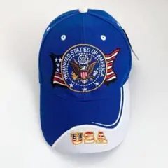 海外古着 デッドストック 刺繍 USA 星条旗 ラウンドキャップ トラッカー 青