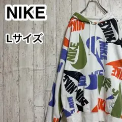 【定番アイテム】ナイキ スウェット パーカー Lサイズ ホワイト 総柄 刺繍ロゴ