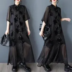 新品 大きいサイズ 春夏 半袖 シアーワンピース 黒 ゆったり 体型カバー