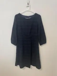 【38size】ネイビーチェック柄ワンピース/フォーマル/リボンベルト