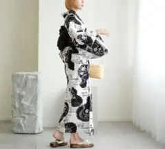 うたたね浴衣高級変り織り花柄洗える着物単着物木綿着物女性子供白黒ホワイトブラック
