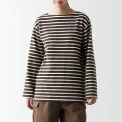 無印良品　太番手ボートネック長袖Ｔシャツ婦人Ｌ・ダークブラウンボーダー