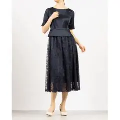 ネイビー フレアレースドレス