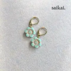 [1117]チェコガラスフラワーのシンプルピアス ターコイズ 緑 ハンドメイド