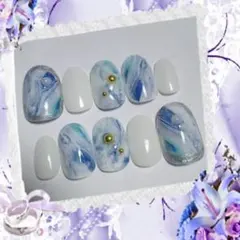 現品 No.704 ニュアンスネイル 青系 夏 個性的 天然石 ブルー 爽やか