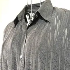 シースルー 長袖シルクシャツ　ブラウス　花柄刺繍　ストライプ　ブラック　シアー