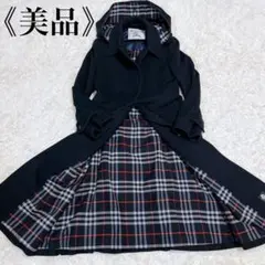 《美品》バーバリー ウールコート ロング フード付き ノバチェック ネイビー