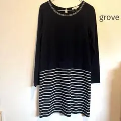 【grove】ビジュー襟×ボーダー切り替え 長袖ワンピース　M
