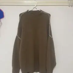ブラウン ステッチデザイン ニットセーター