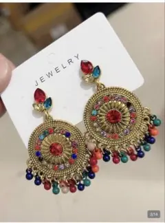 カラフルビーズ付きゴールドイヤリング