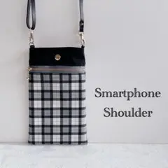スマホショルダー グレーブラック×チェック柄 ポシェット スマホポーチショルダー