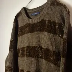 【個性派古着】ブラウン ウール混紡　ストライプ ニットセーター　美品　M