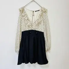 ワンウェイ　長袖ミニワンピース　ドット柄　M　ベージュ系　サイドジップ　フリル