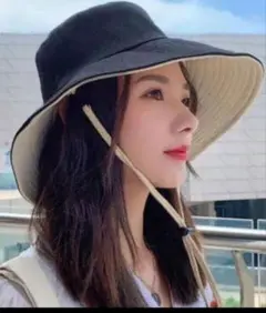 バケットハット リバーシブル黑✕ベージュ アウトドアハット つば広UVカット