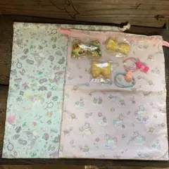 訳あり品 ハンドメイド お着替え袋2枚  ヘアゴム5個
