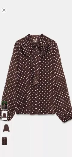 ザラ新品リボン付きドットブラウスMブラウン