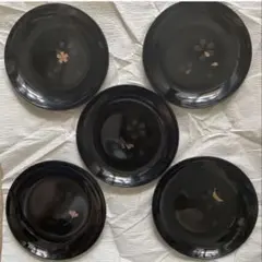 撫松庵　漆器　5枚組揃え　丸皿　取皿　桜 食器　黒　花模様　セット