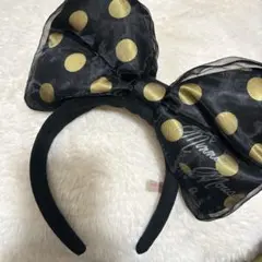 ミニーマウス風 黒金水玉リボンカチューシャ