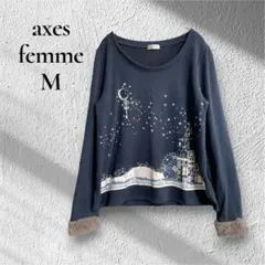 【axes femme】【M】プリントシャツ　袖口ファー　レディース　ネイビーのサムネイル