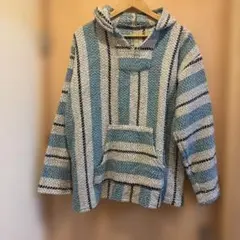 メキシカンパーカー　青と白のストライプ フード付きパーカー