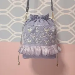 インド刺繍リボン　巾着ショルダーバッグ　ブルー系　ハンドメイド　ショルダーバッグ