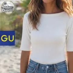 ​【完売品／極美品】GU ジーユー ボートネックリブニットソー ホワイト Lのサムネイル