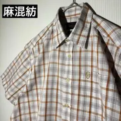 【個性派古着】ジャンニ・バレンチノ　チェック柄 半袖シャツ　麻　リネン　美品のサムネイル