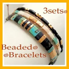 ３セット　ビーズブレスレット ターコイズ　ゴールド系
