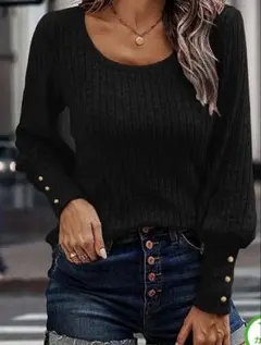 リブ編み ブラック ニット 長袖　L