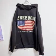 パーカー　黒　星条旗　シーイン　裏起毛　SHEIN