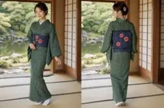 小紋緑色 着物　緑系グリーン　花柄　作家物　落款あり　単衣　縮緬和洋折衷　XS