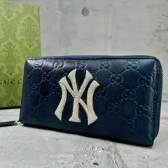 希少 グッチ NYモデル GG 長財布 ラウンドファスナー ネイビー