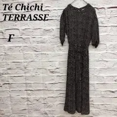 テチチテラス【F】 七分袖ロングフレアワンピース ドット柄 クルーネック 黒×白