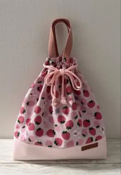 いちごミルク柄 体操着、お着替え袋 裏生地、持ち手付きハンドメイド