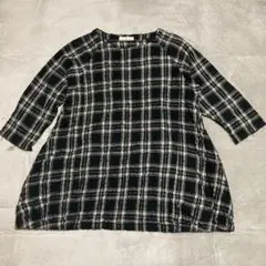 【pas à pas】 ブラックチェック柄 チュニック 7分袖 左右ポケット付
