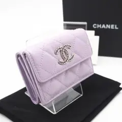 CHANEL 三つ折り財布 キャビアスキン ココマーク ウォレット パープル 美