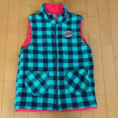 暖かリバーシブルターコイズ・ブラックチェック フリースベスト 160
