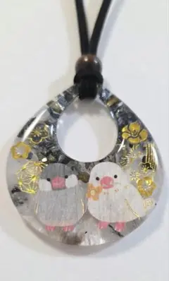 かわいい文ちゃんの天然石レジンネックレス✨　ブラックルチルクオーツ　文鳥