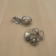 シルバー パール ブローチ 花と葉