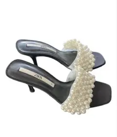 ZARA パール装飾 ブラックミュール 37