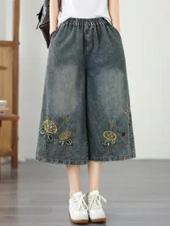 夏 ビッグサイズ ゴムウエスト 薄手 デニム レトロ 刺繍 ワイドパンツ