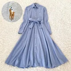 美品✨ラルフローレン シャツワンピース ロング 鹿の子 ベルト ポニー 水色 M