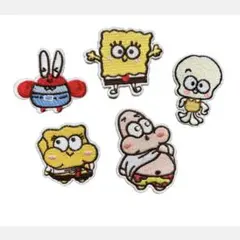 新品　5枚セット　スポンジボブ　刺繍アイロンワッペン　アップリケ　強力接着シール