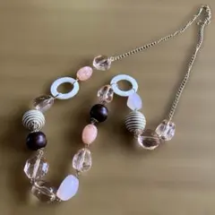ピンク系ロングネックレス、ビーズゴールドのサムネイル