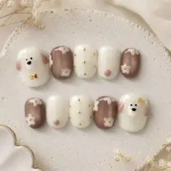 ネイルチップ　マグネット　犬ネイル　韓国　春　淡色　ちゅるん　ぷっくりフラワー夏