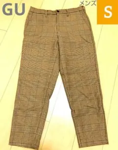 美品　GU ブラウン系チェック柄 メンズ ワイドパンツ S 春秋冬
