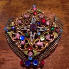 【アンティーク】ヴィンテージ風マルチカラーストーンブローチ