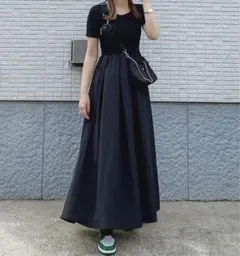 ほぼ新品★リブニット半袖×ロング丈ワンピース 裏地付き 春服 秋服