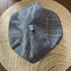 新品　グレーと青のチェック柄ベレー帽