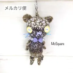 茶とベージュと白まだら猫あみぐるみ 蝶ネクタイねこストラップorキーホルダー